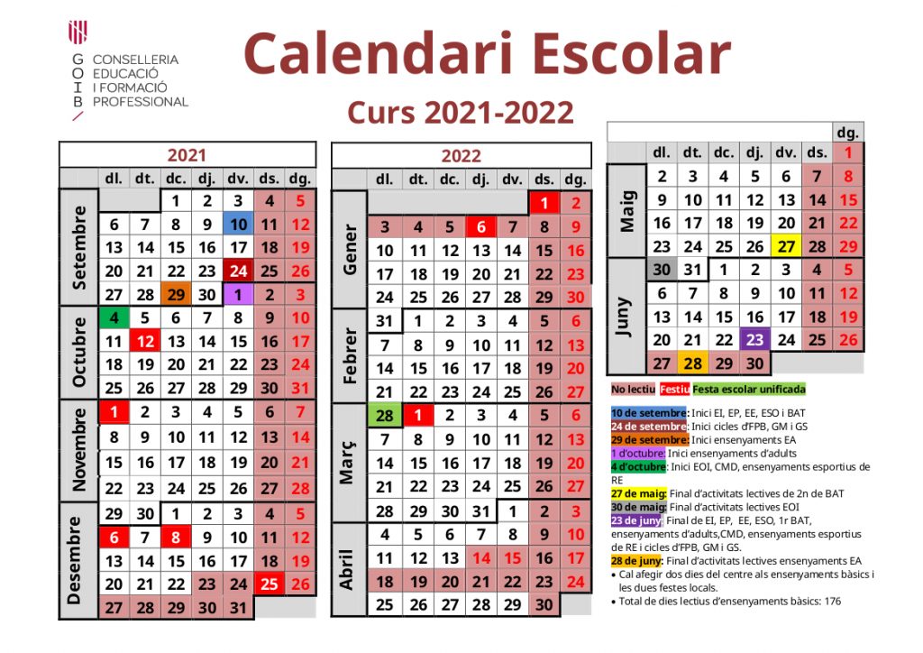 CALENDARI CURS ESCOLAR 20212022. CEIP Miquel Costa i Llobera
